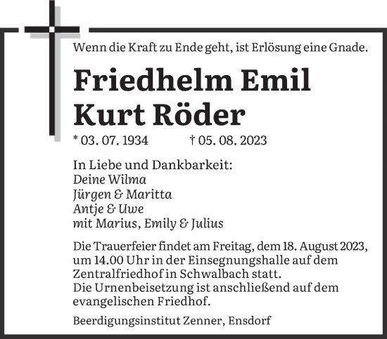 Todesanzeige von Friedhelm Emil Kurt Röder von saarbruecker_zeitung
