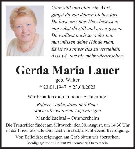 Todesanzeige von Gerda Maria Lauer von saarbruecker_zeitung