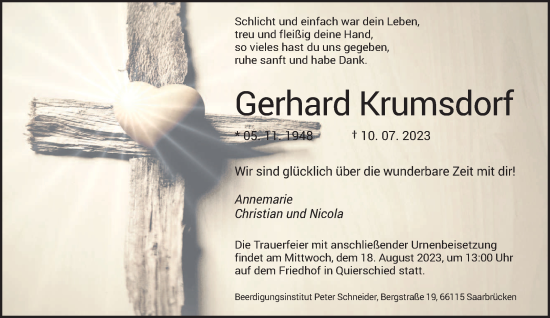 Todesanzeige von Gerhard Krumsdorf von saarbruecker_zeitung