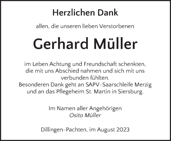 Todesanzeige von Gerhard Müller von saarbruecker_zeitung