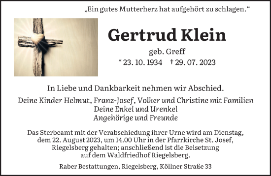 Todesanzeige von Gertrud Klein von saarbruecker_zeitung