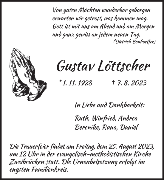 Todesanzeige von Gustav Löttscher von saarbruecker_zeitung