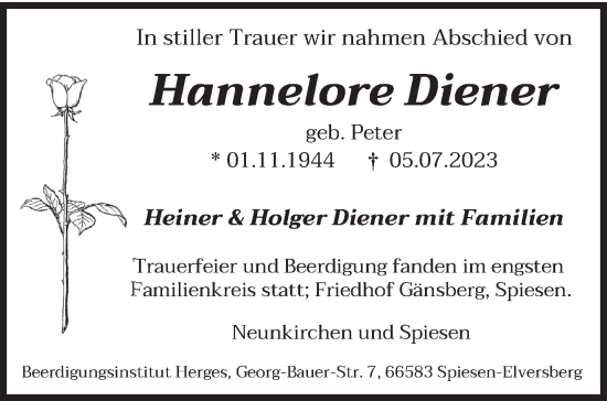 Todesanzeige von Hannelore Diener von saarbruecker_zeitung