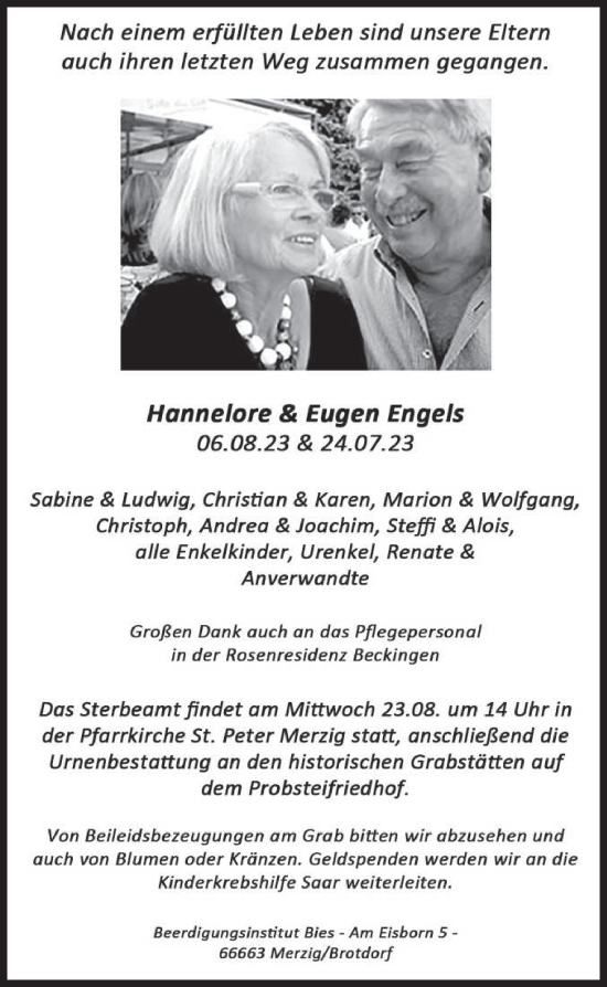 Todesanzeige von Hannelore und Eugen Engels von saarbruecker_zeitung