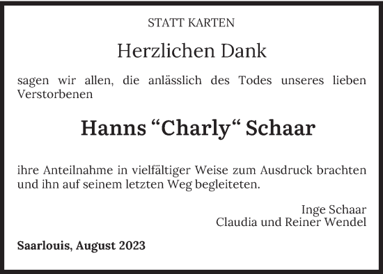 Todesanzeige von Hanns Schaar von saarbruecker_zeitung