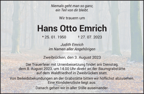 Todesanzeige von Hans Otto Emrich von saarbruecker_zeitung