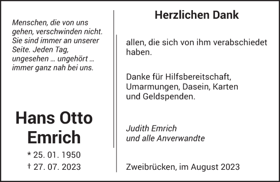 Todesanzeige von Hans Otto Emrich von saarbruecker_zeitung