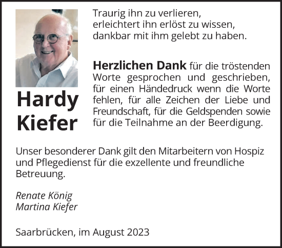 Todesanzeige von Hardy Kiefer von saarbruecker_zeitung
