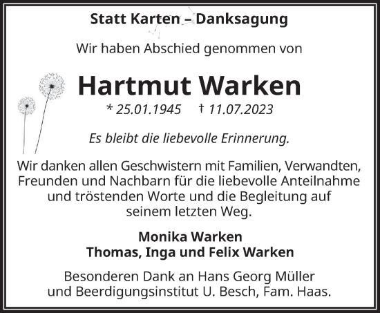 Todesanzeige von Hartmut Warken von saarbruecker_zeitung