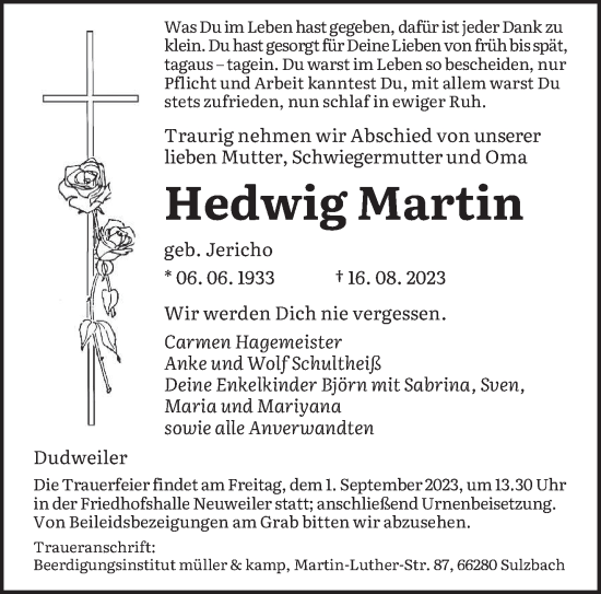 Todesanzeige von Hedwig Martin von saarbruecker_zeitung