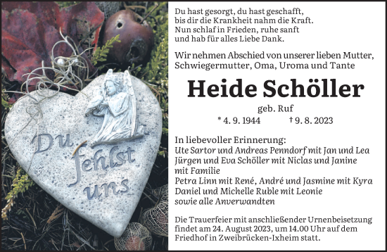 Todesanzeige von Heide Schöller von saarbruecker_zeitung