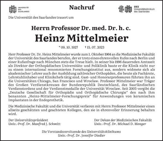Todesanzeige von Heinz Mittelmeier von saarbruecker_zeitung