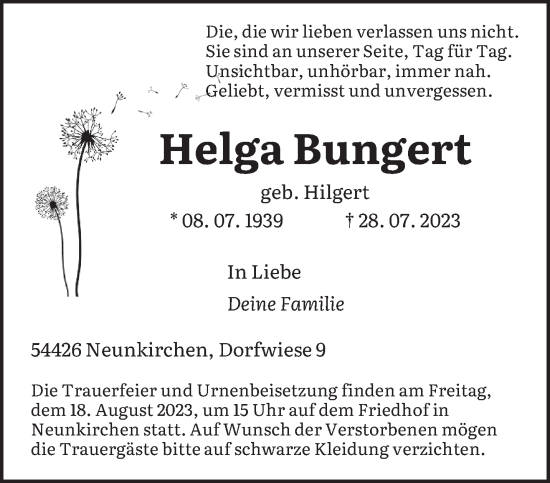 Todesanzeige von Helga Bungert von saarbruecker_zeitung