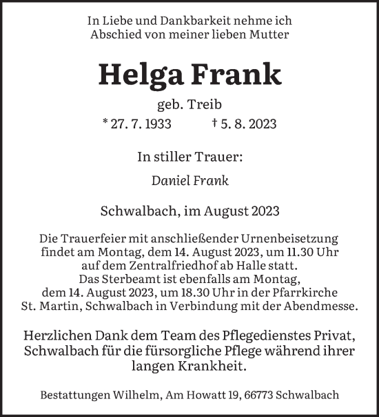 Todesanzeige von Helga Frank von saarbruecker_zeitung