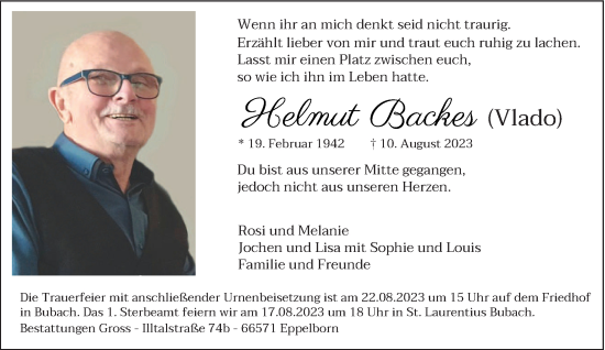 Todesanzeige von Helmut Backes von saarbruecker_zeitung