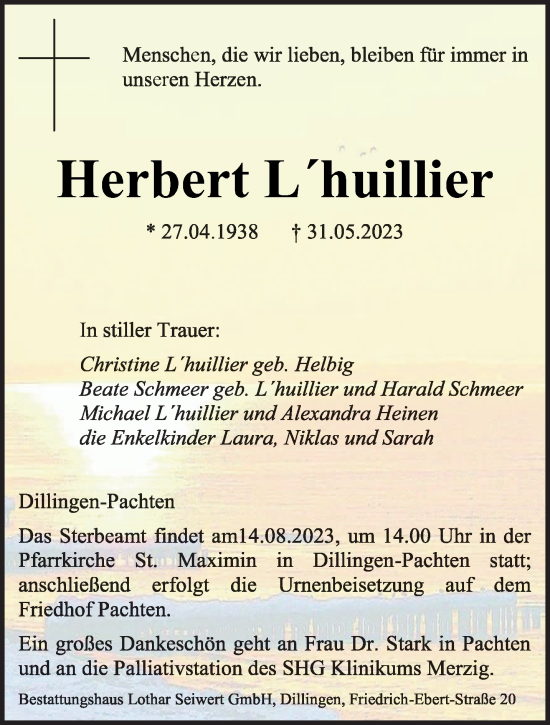 Todesanzeige von Herbert L´huillier von saarbruecker_zeitung