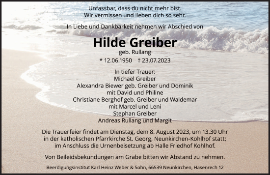 Todesanzeige von Hilde Greiber von saarbruecker_zeitung