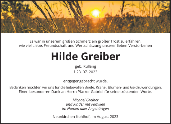Todesanzeige von Hilde Greiber von saarbruecker_zeitung