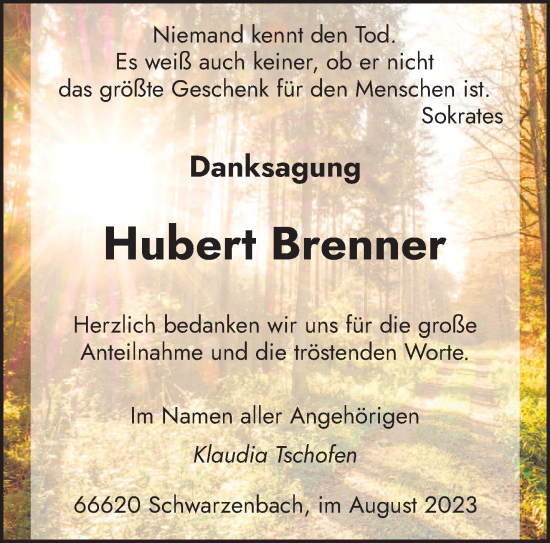 Todesanzeige von Hubert Brenner von saarbruecker_zeitung