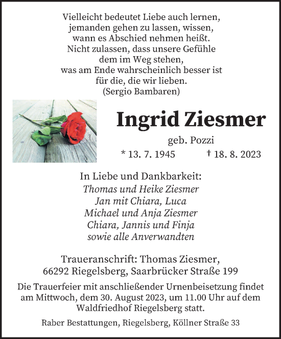 Todesanzeige von Ingrid Ziesmer von saarbruecker_zeitung