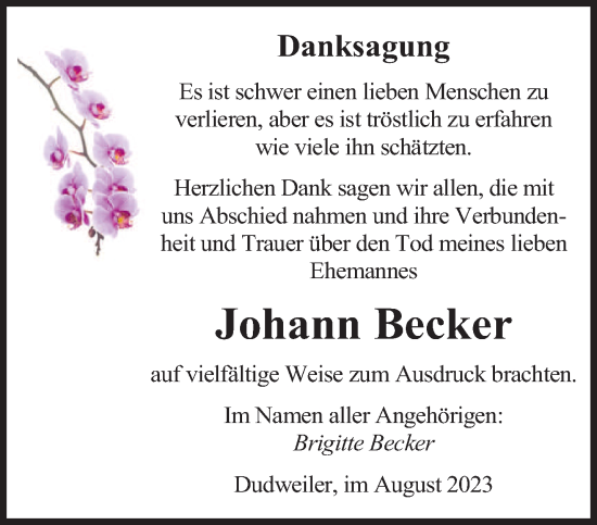 Todesanzeige von Johann Becker von saarbruecker_zeitung