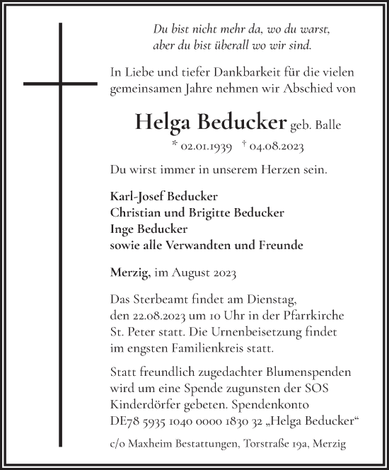 Todesanzeige von Helga Beducker von saarbruecker_zeitung