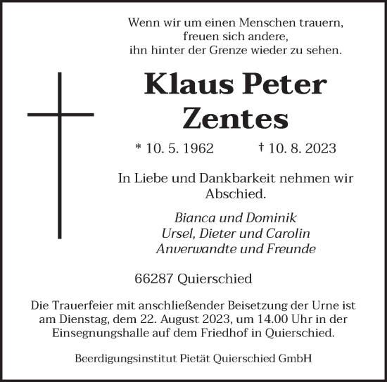 Todesanzeige von Klaus Peter Zentes von saarbruecker_zeitung