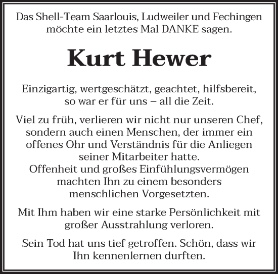 Todesanzeige von Kurt Hewer von saarbruecker_zeitung