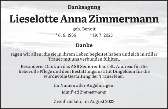 Todesanzeige von Lieselotte Anna Zimmermann von saarbruecker_zeitung