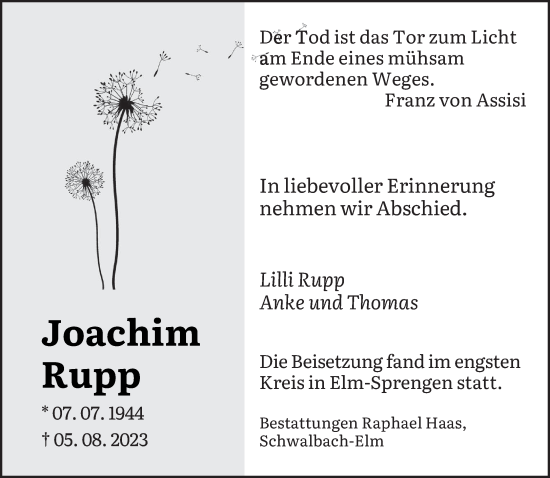 Todesanzeige von Joachim Rupp von saarbruecker_zeitung