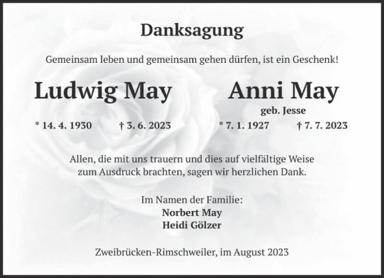 Todesanzeige von Ludwig und Anni May von saarbruecker_zeitung