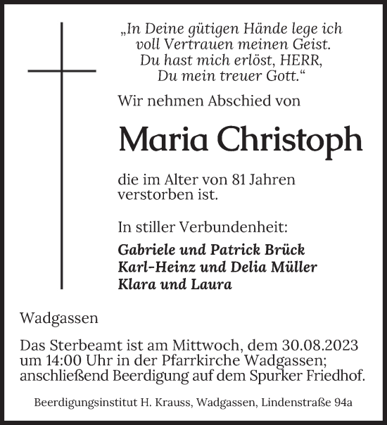 Todesanzeige von Maria Christoph von saarbruecker_zeitung