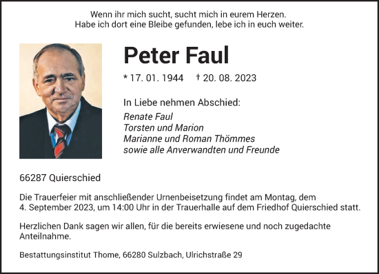 Todesanzeige von Peter Faul von saarbruecker_zeitung