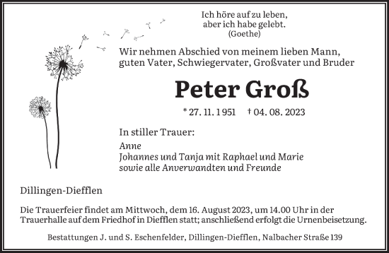 Todesanzeige von Peter Groß von saarbruecker_zeitung