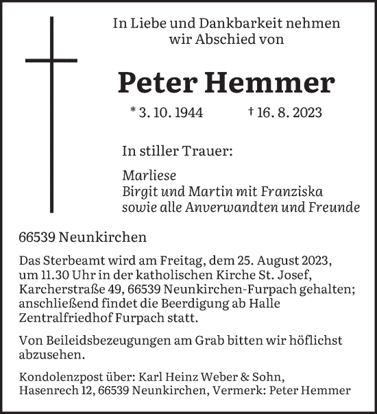 Todesanzeige von Peter Hemmer von saarbruecker_zeitung
