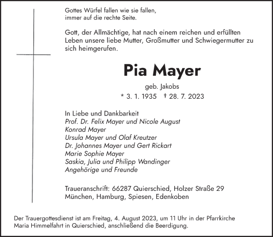Todesanzeige von Pia Mayer von saarbruecker_zeitung