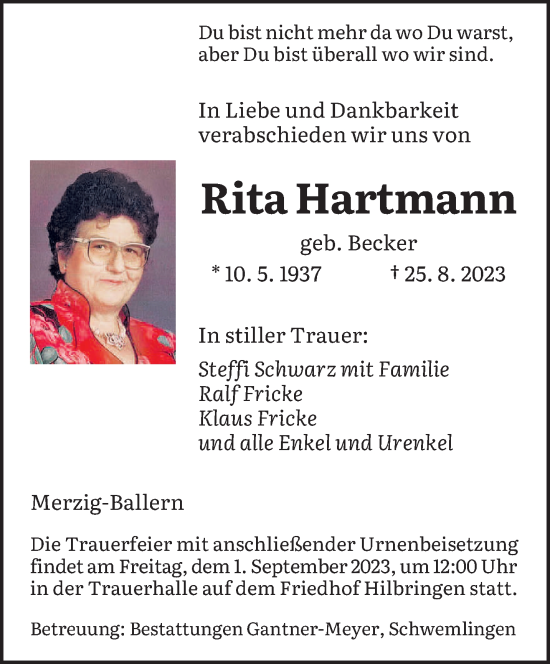 Todesanzeige von Rita Hartmann von saarbruecker_zeitung