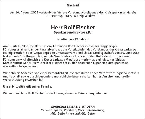 Todesanzeige von Rolf Fischer von saarbruecker_zeitung