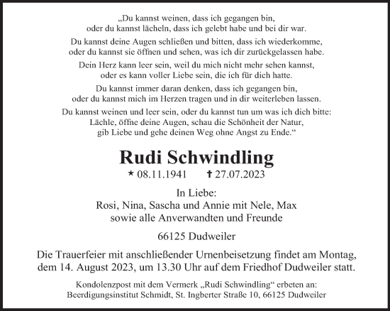 Todesanzeige von Rudi Schwindling von saarbruecker_zeitung