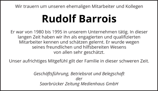 Todesanzeige von Rudolf Barrois von saarbruecker_zeitung