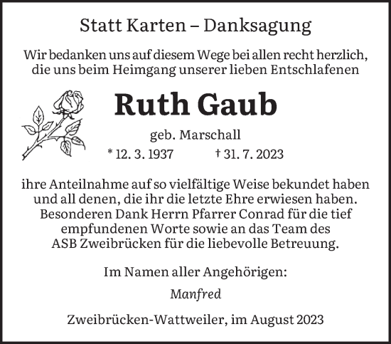 Todesanzeige von Ruth Gaub von saarbruecker_zeitung