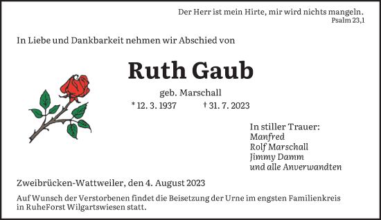 Todesanzeige von Ruth Gaub von saarbruecker_zeitung