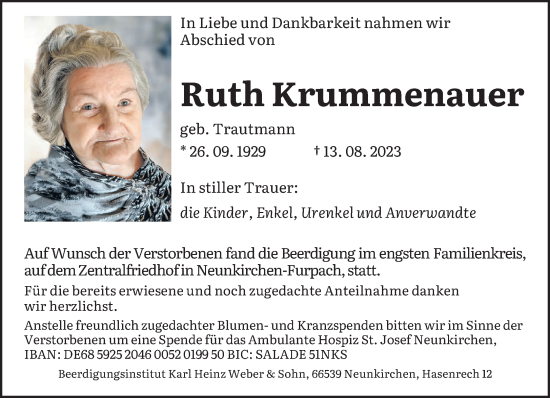 Todesanzeige von Ruth Krummenauer von saarbruecker_zeitung