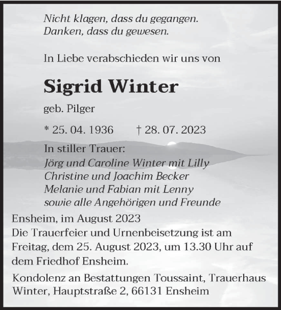 Todesanzeige von Sigrid Winter von saarbruecker_zeitung