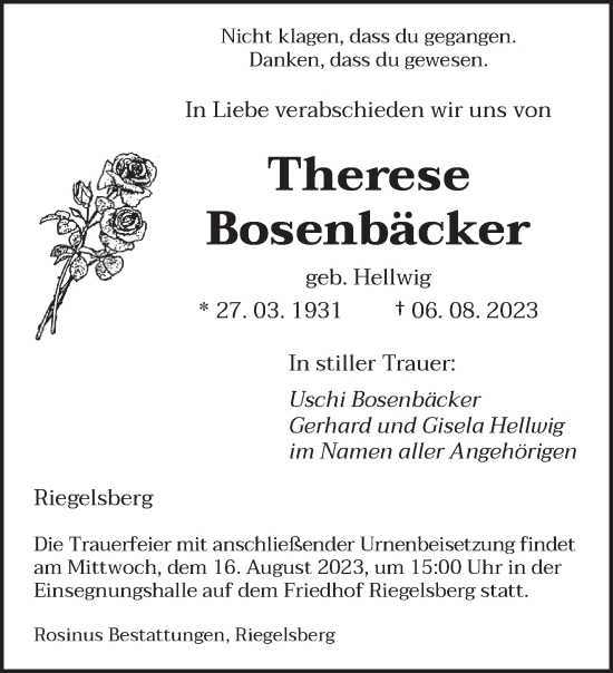 Todesanzeige von Therese Bosenbäcker von saarbruecker_zeitung