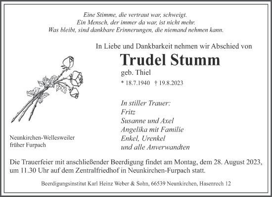 Todesanzeige von Trudel Stumm von saarbruecker_zeitung