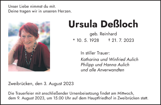Todesanzeige von Ursula Deßloch von saarbruecker_zeitung