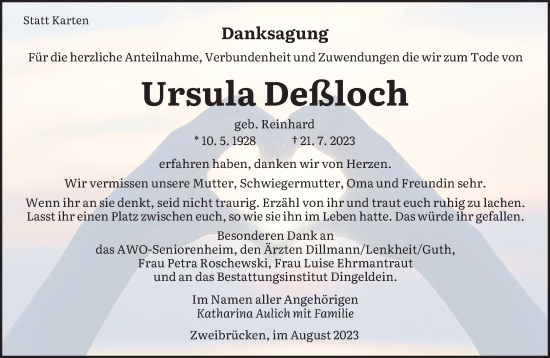 Todesanzeige von Ursula Deßloch von saarbruecker_zeitung