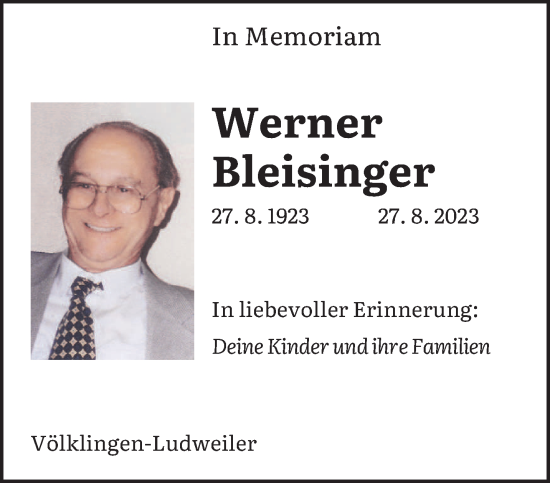Todesanzeige von Werner Bleisinger von saarbruecker_zeitung