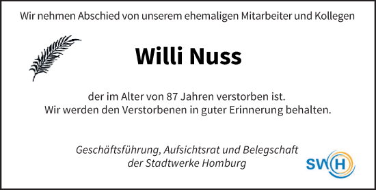 Todesanzeige von Willi Nuss von saarbruecker_zeitung
